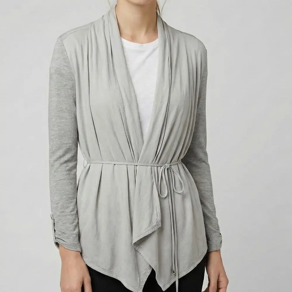 Calvin Klein Small Gray Open Front 3/4 Sleeve Belted Cardigan Rayon Polyester